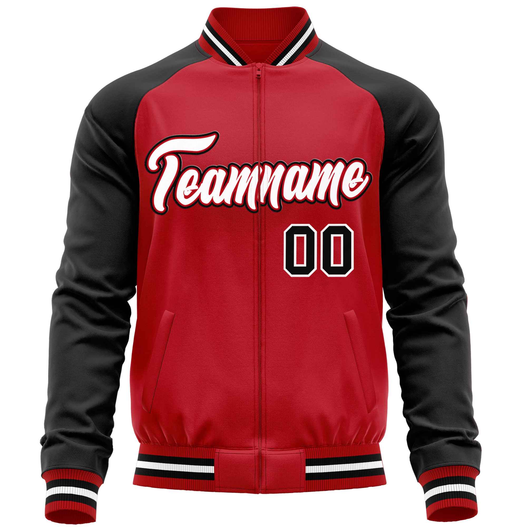 Custom Red Black Varsity Full-Zip Raglan Sleeves Letterman Baseball Jacket