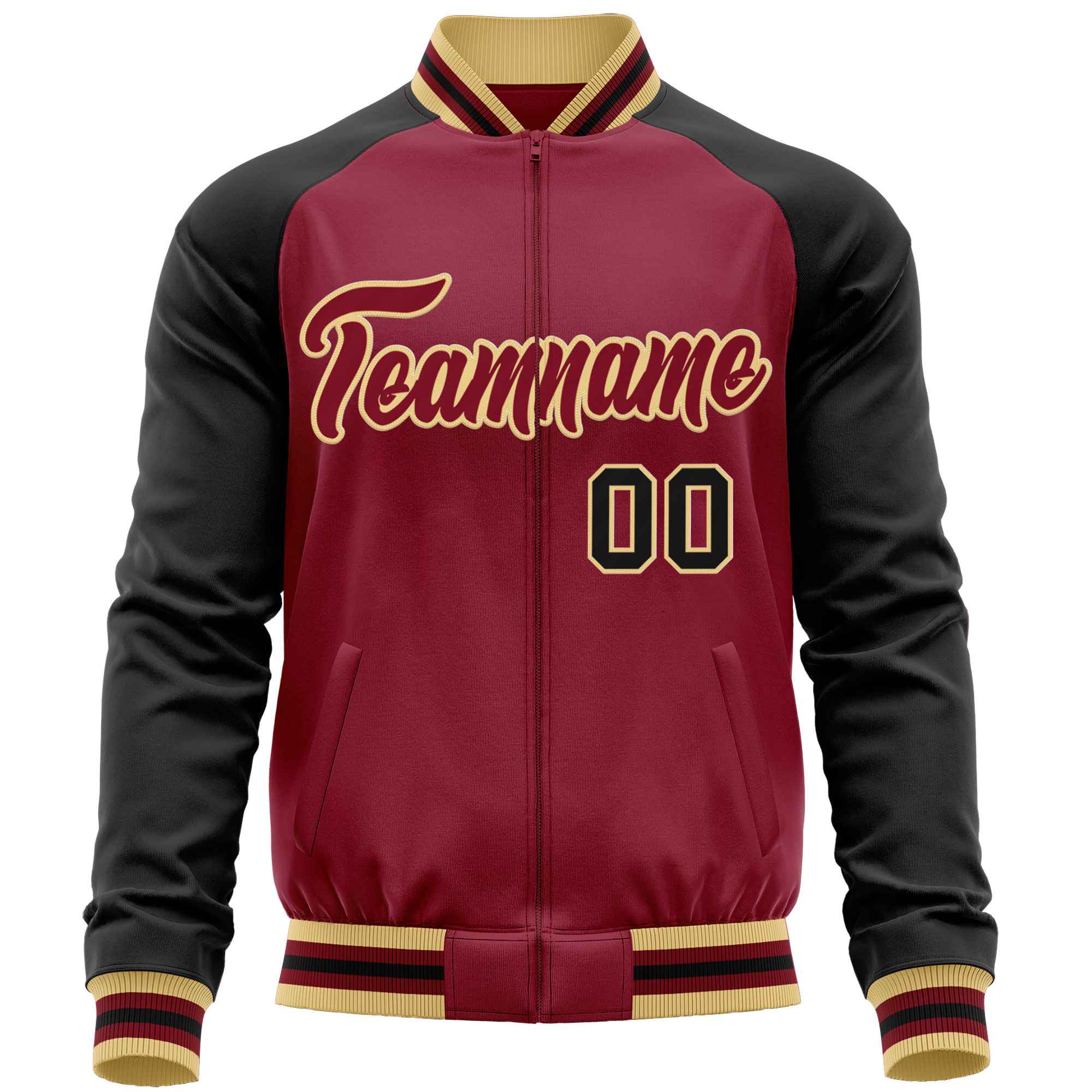 Custom Crimson Black Varsity Full-Zip Raglan Sleeves Letterman Baseball Jacket