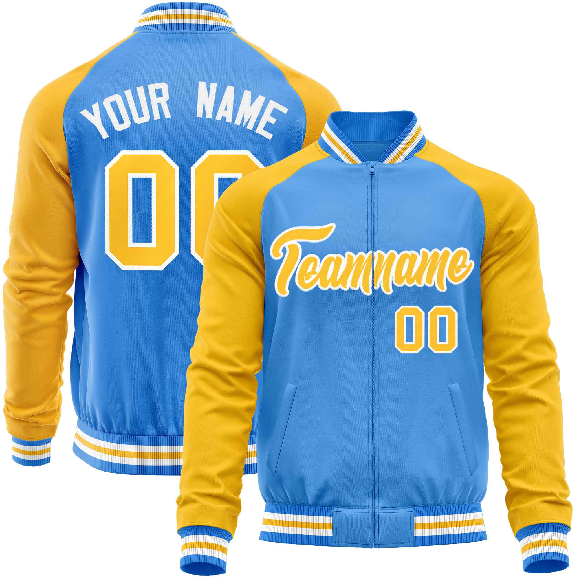 Custom Powder Blue Yellow Varsity Full-Zip Raglan Sleeves Letterman Baseball Jacket