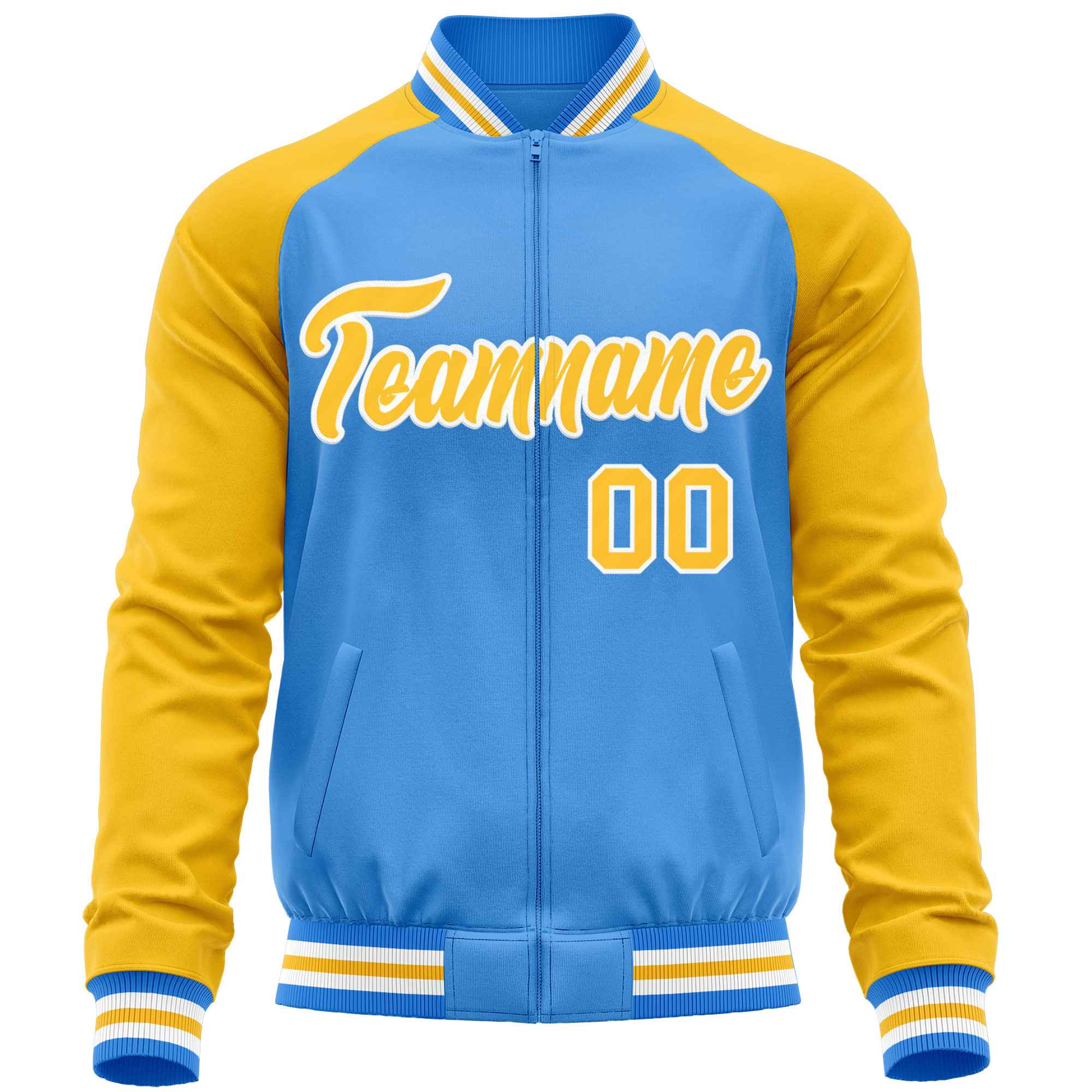 Custom Powder Blue Yellow Varsity Full-Zip Raglan Sleeves Letterman Baseball Jacket