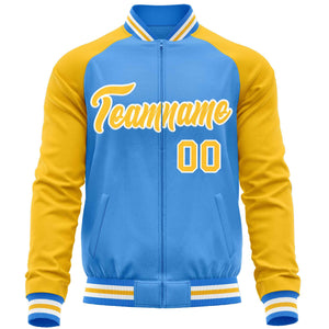 Custom Powder Blue Yellow Varsity Full-Zip Raglan Sleeves Letterman Baseball Jacket