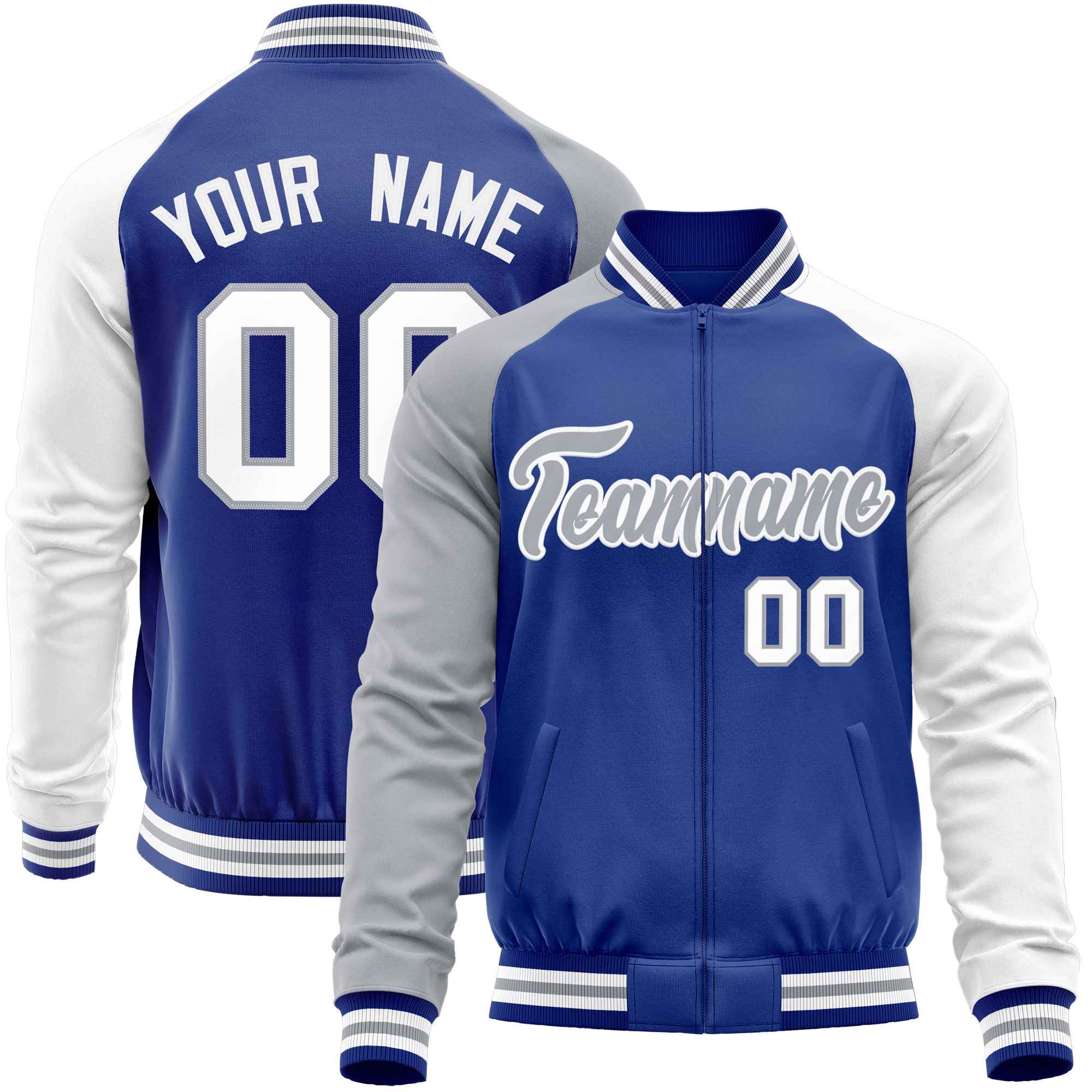 Custom Royal White-Gray Varsity Full-Zip Raglan Sleeves Letterman Baseball Jacket