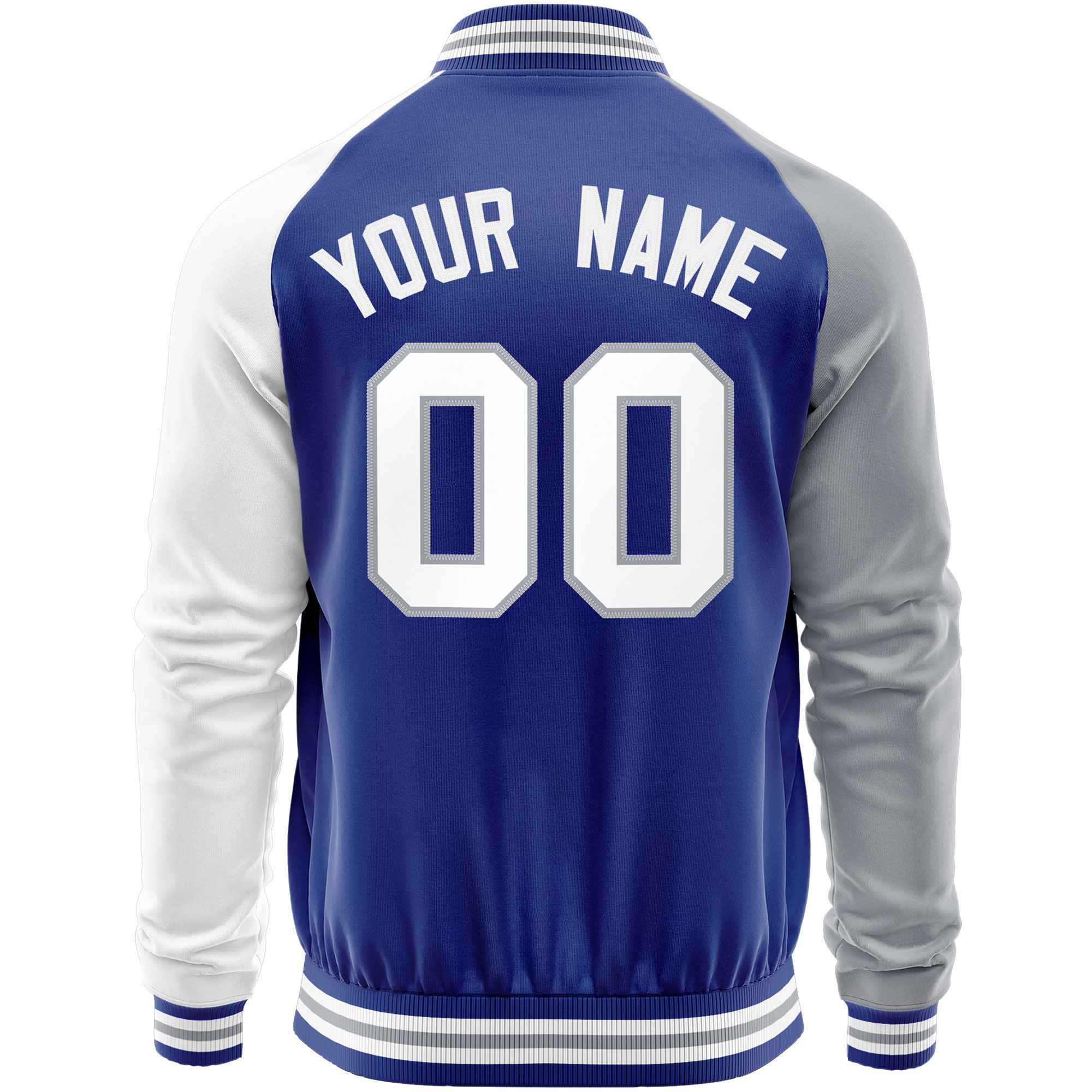 Custom Royal White-Gray Varsity Full-Zip Raglan Sleeves Letterman Baseball Jacket