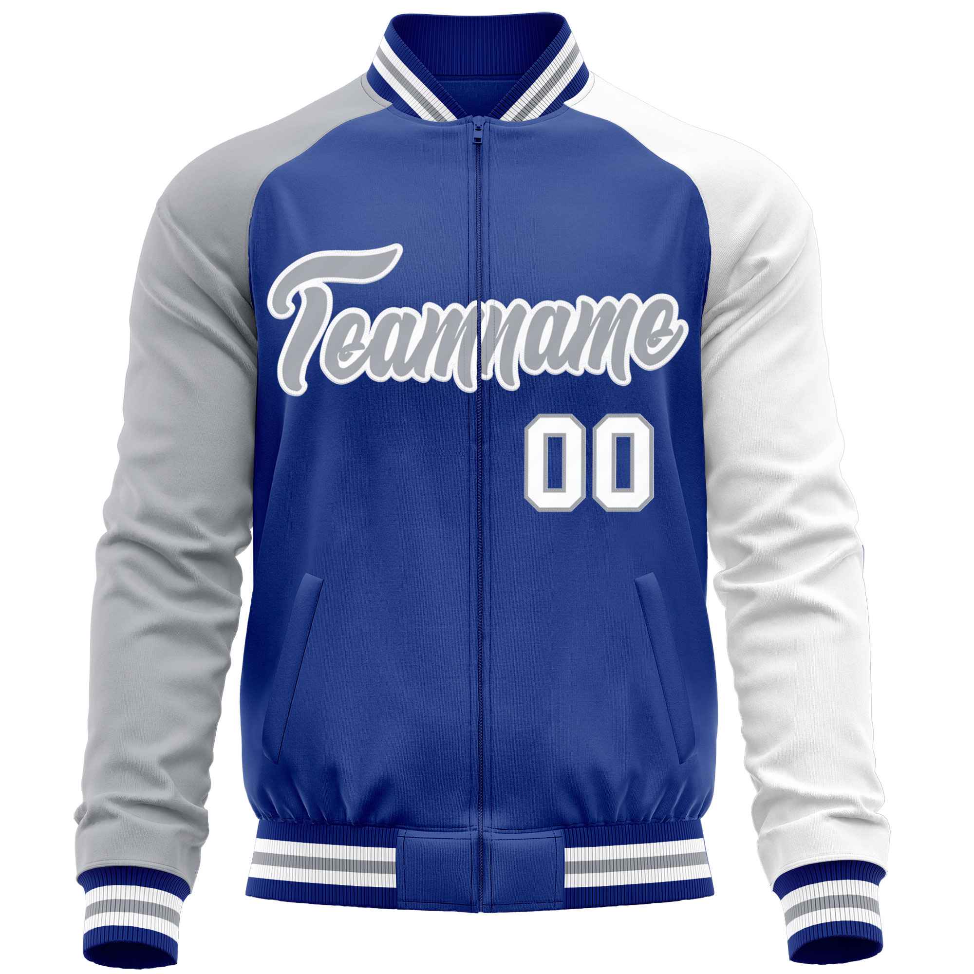 Custom Royal White-Gray Varsity Full-Zip Raglan Sleeves Letterman Baseball Jacket