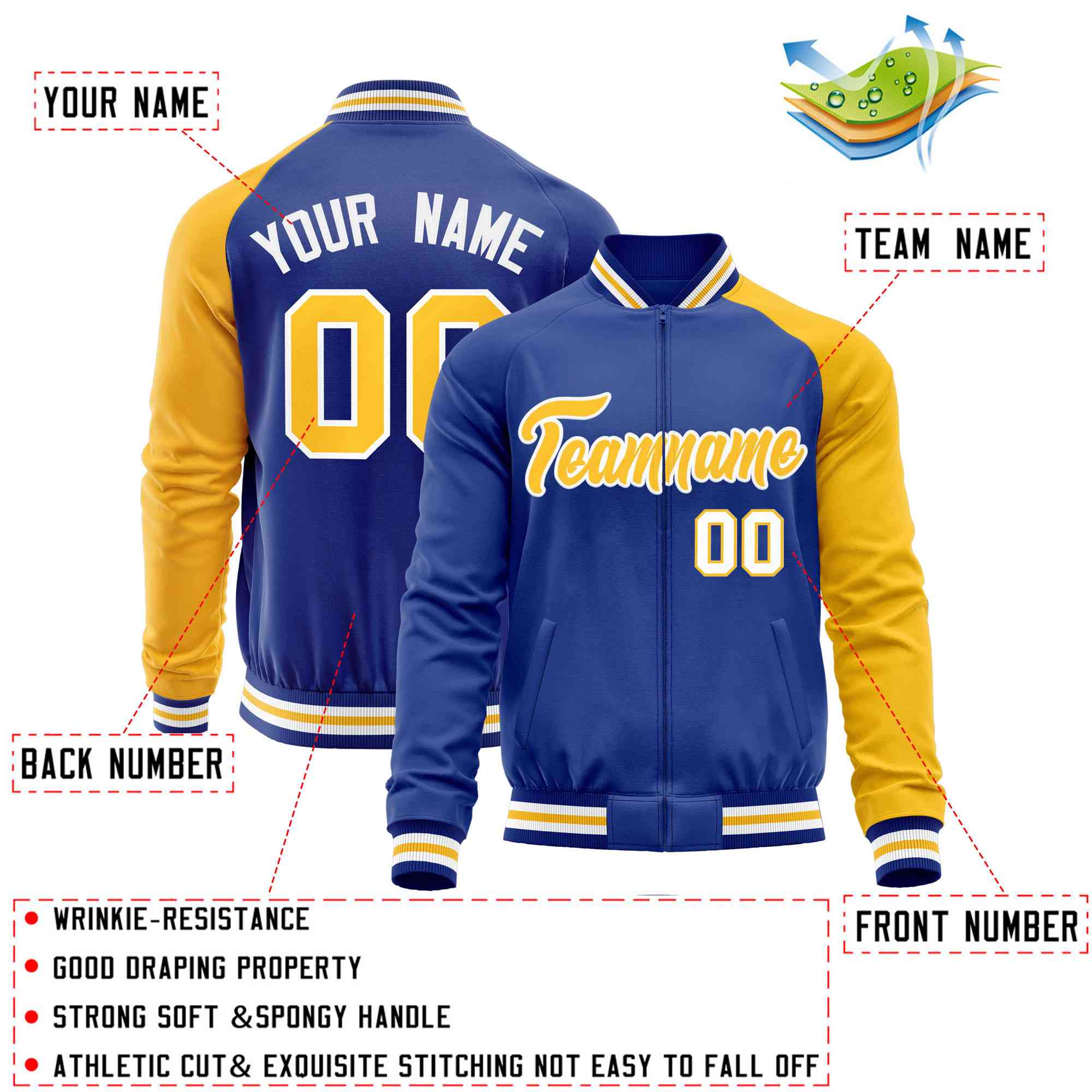 Custom Royal Yellow-Royal Varsity Full-Zip Raglan Sleeves Letterman Baseball Jacket