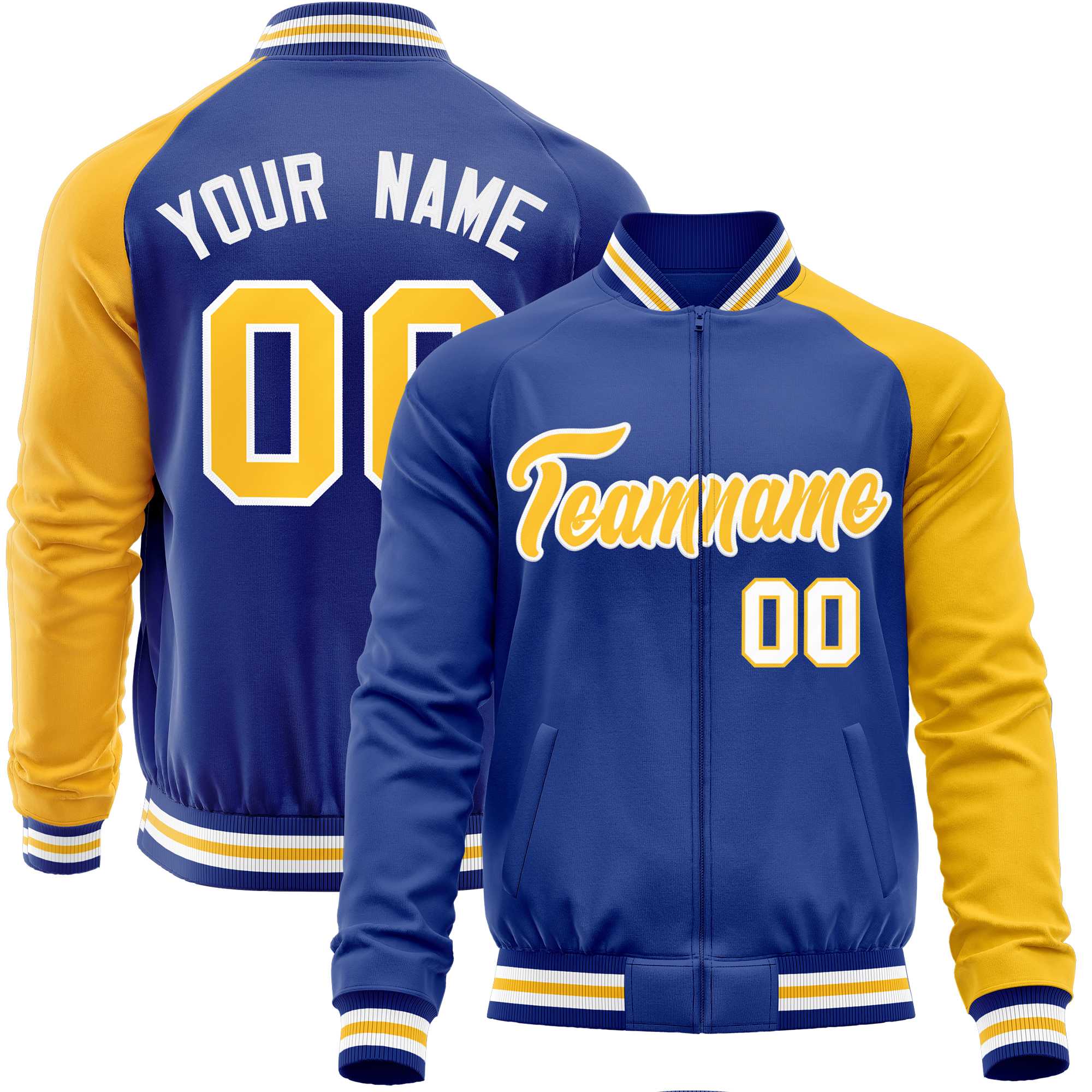 Custom Royal Yellow-Royal Varsity Full-Zip Raglan Sleeves Letterman Baseball Jacket