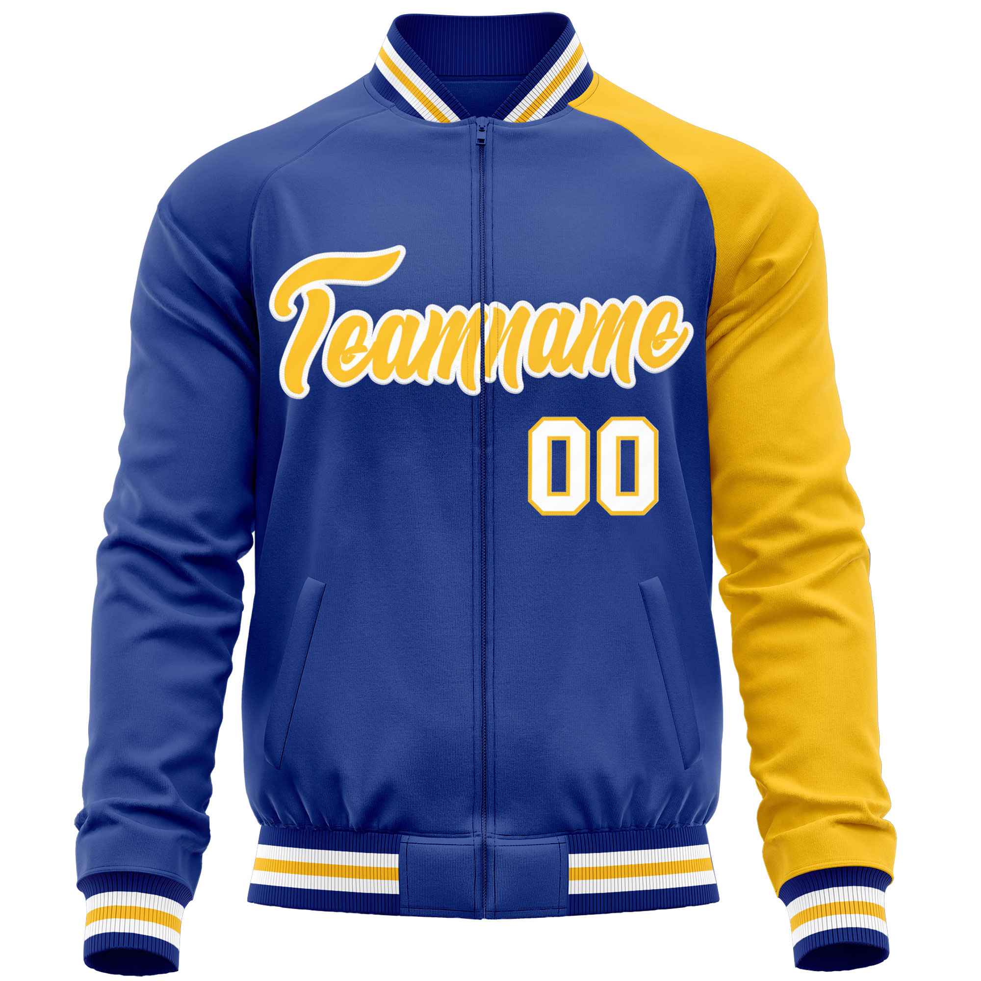 Custom Royal Yellow-Royal Varsity Full-Zip Raglan Sleeves Letterman Baseball Jacket