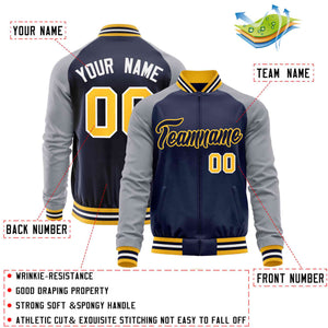 Custom Navy Gray Varsity Full-Zip Raglan Sleeves Letterman Baseball Jacket