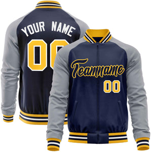 Custom Navy Gray Varsity Full-Zip Raglan Sleeves Letterman Baseball Jacket