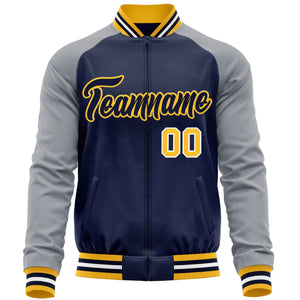 Custom Navy Gray Varsity Full-Zip Raglan Sleeves Letterman Baseball Jacket