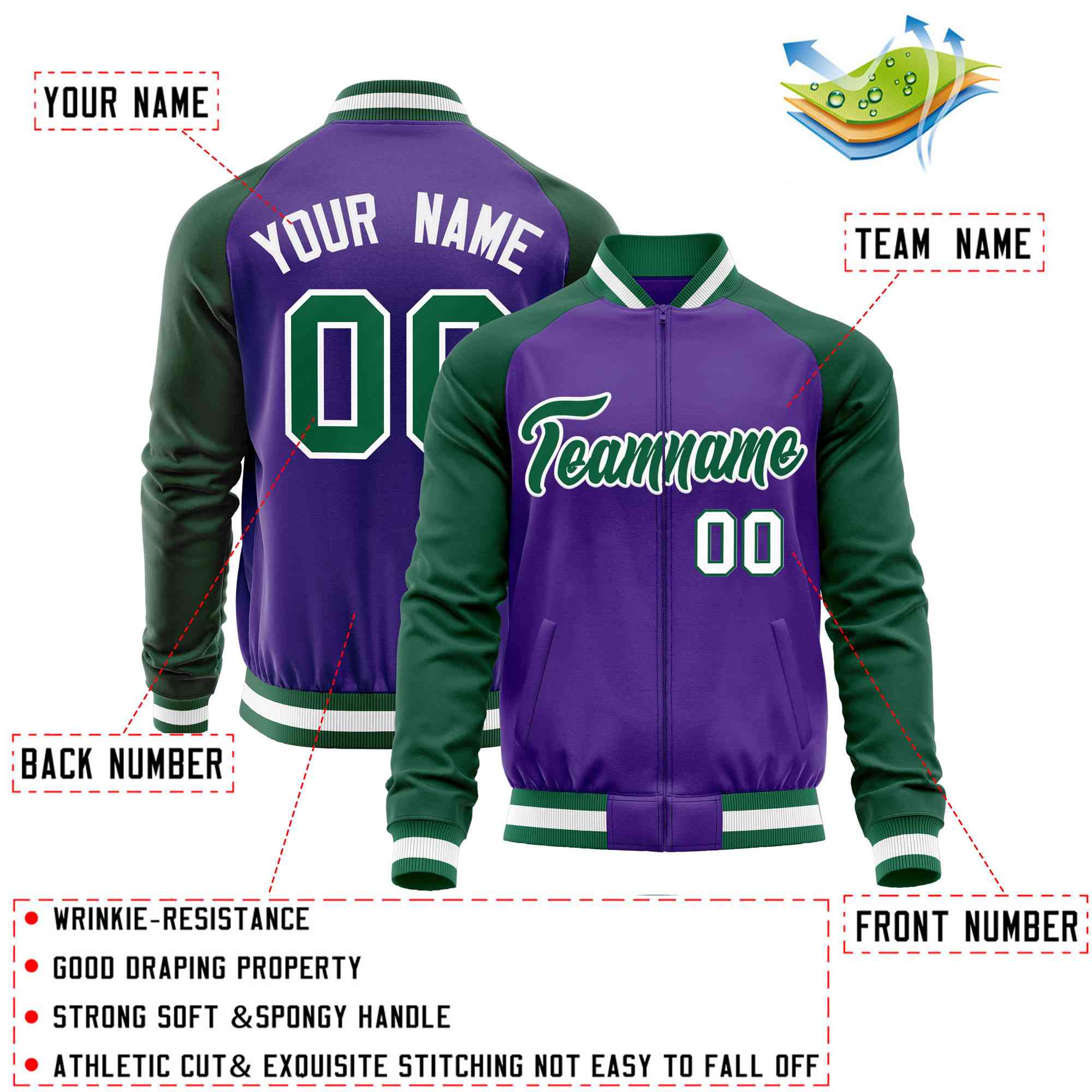 Custom Purple Green Varsity Full-Zip Raglan Sleeves Letterman Baseball Jacket