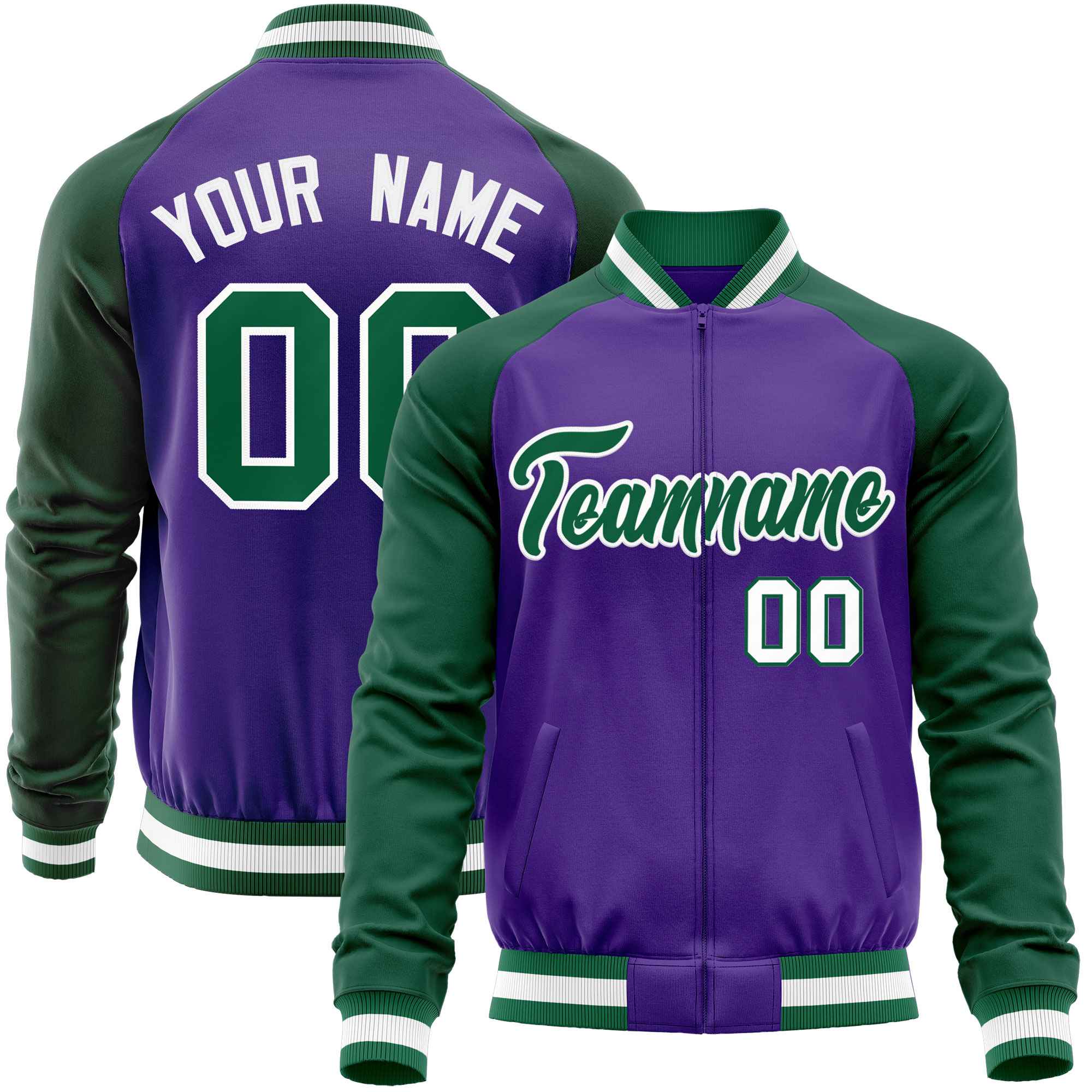 Custom Purple Green Varsity Full-Zip Raglan Sleeves Letterman Baseball Jacket