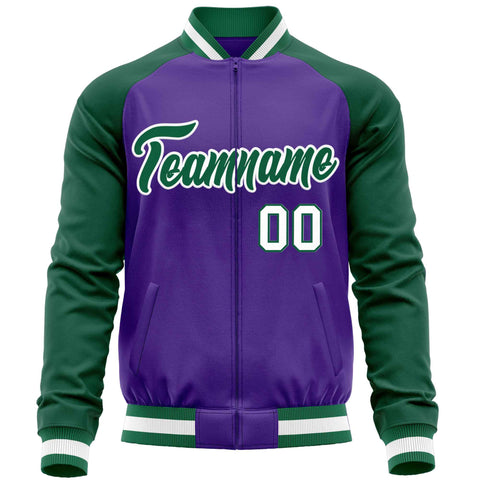Custom Purple Green Varsity Full-Zip Raglan Sleeves Letterman Baseball Jacket