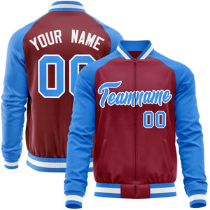 Custom Crimson Powder Blue Varsity Full-Zip Raglan Sleeves Letterman Baseball Jacket