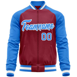 Custom Crimson Powder Blue Varsity Full-Zip Raglan Sleeves Letterman Baseball Jacket