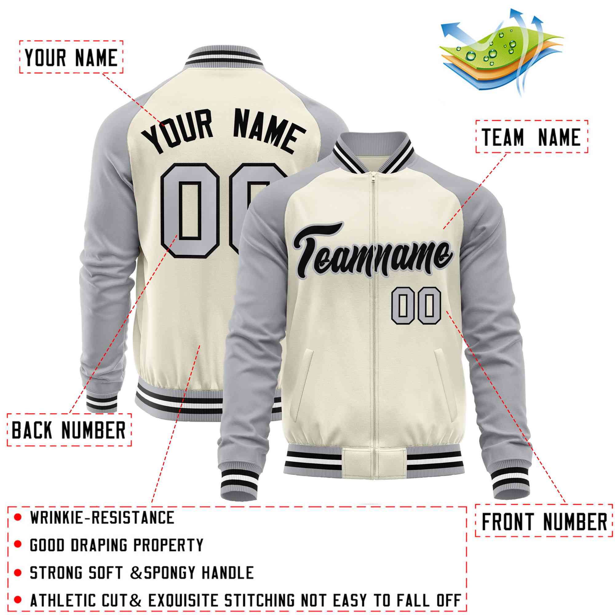 Custom Cream Gray Varsity Full-Zip Raglan Sleeves Letterman Baseball Jacket