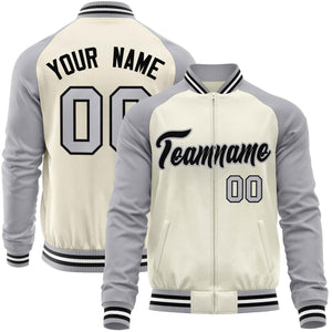 Custom Cream Gray Varsity Full-Zip Raglan Sleeves Letterman Baseball Jacket