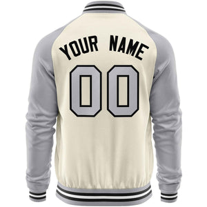 Custom Cream Gray Varsity Full-Zip Raglan Sleeves Letterman Baseball Jacket