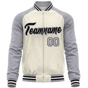 Custom Cream Gray Varsity Full-Zip Raglan Sleeves Letterman Baseball Jacket