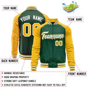 Custom Green Yellow Varsity Full-Zip Raglan Sleeves Letterman Baseball Jacket