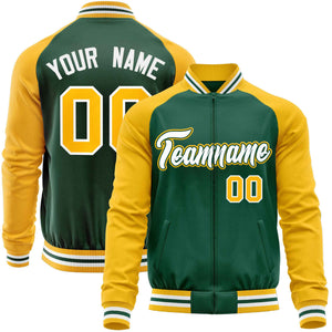 Custom Green Yellow Varsity Full-Zip Raglan Sleeves Letterman Baseball Jacket