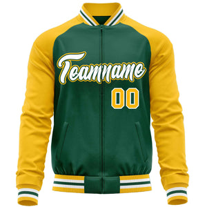 Custom Green Yellow Varsity Full-Zip Raglan Sleeves Letterman Baseball Jacket