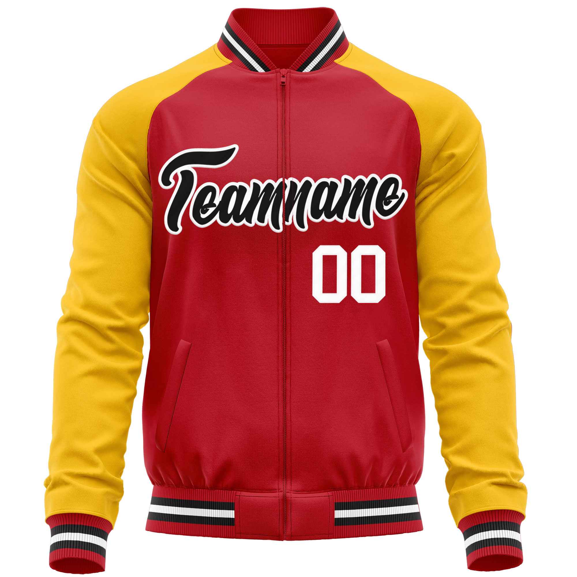 Custom Red Yellow Varsity Full-Zip Raglan Sleeves Letterman Baseball Jacket