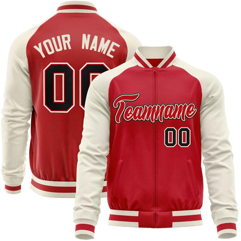 Custom Red Cream Varsity Full-Zip Raglan Sleeves Letterman Baseball Jacket