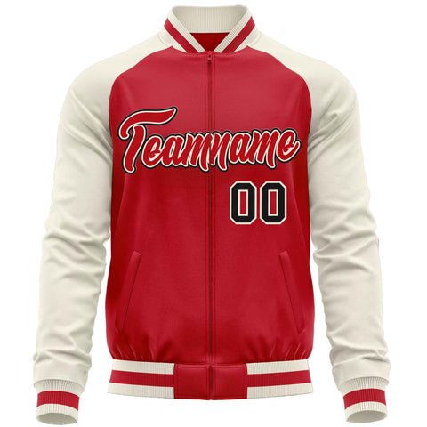 Custom Red Cream Varsity Full-Zip Raglan Sleeves Letterman Baseball Jacket
