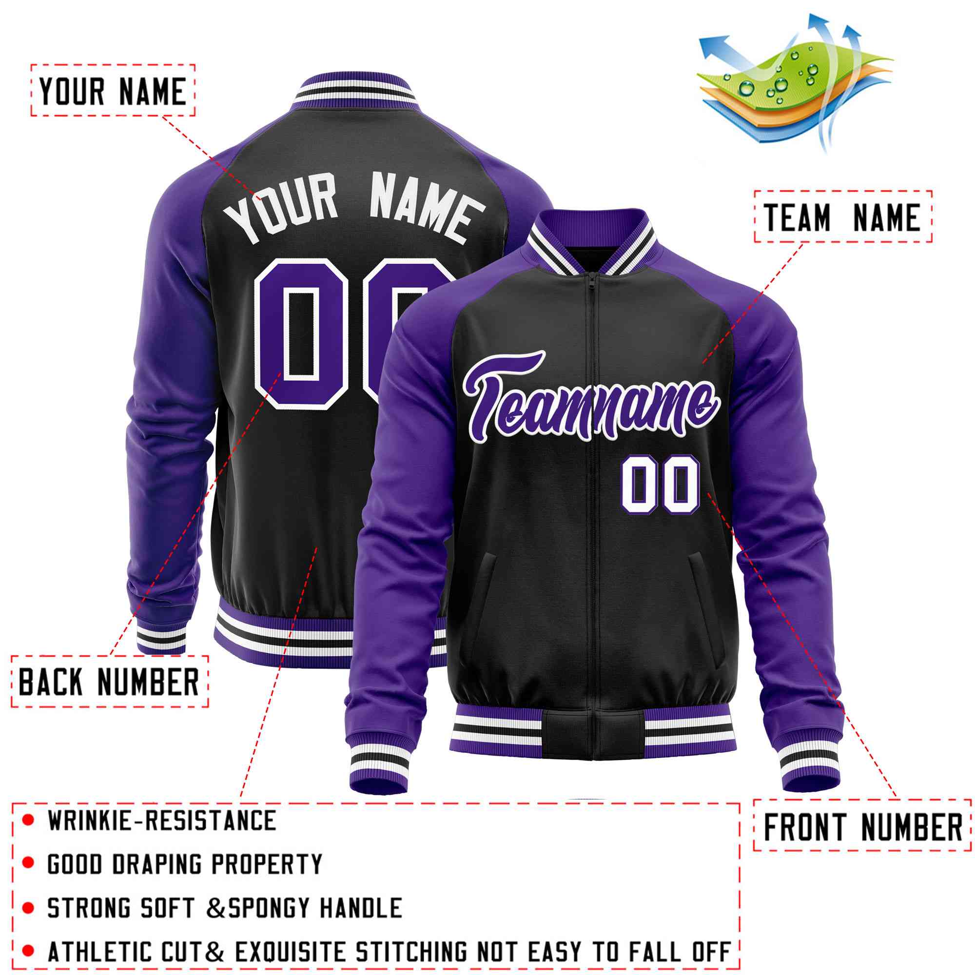 Custom Black Purple Varsity Full-Zip Raglan Sleeves Letterman Baseball Jacket