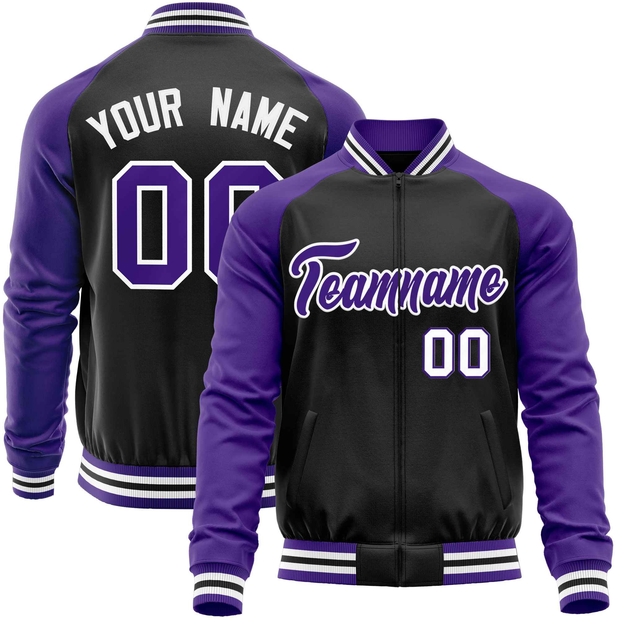 Custom Black Purple Varsity Full-Zip Raglan Sleeves Letterman Baseball Jacket