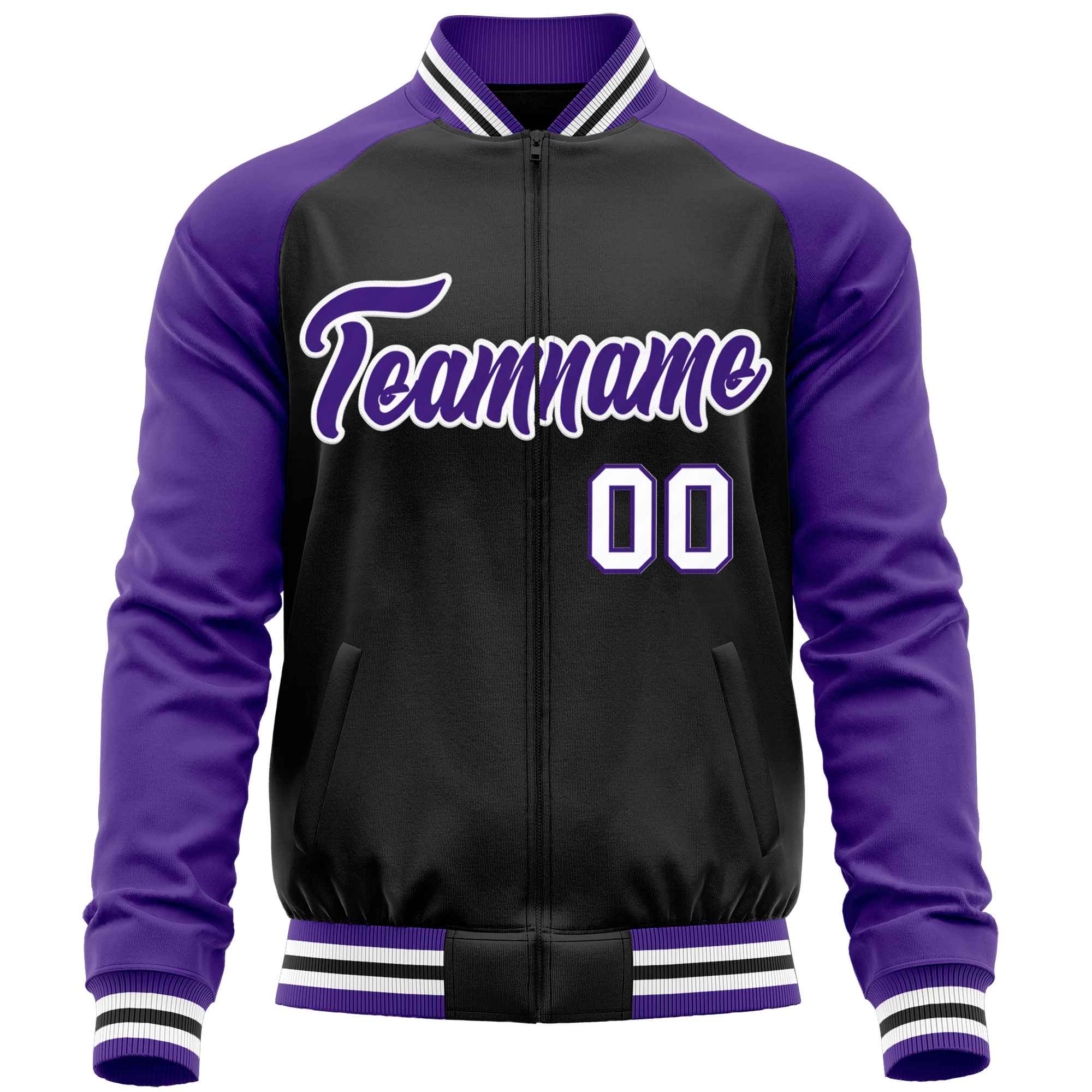 Custom Black Purple Varsity Full-Zip Raglan Sleeves Letterman Baseball Jacket