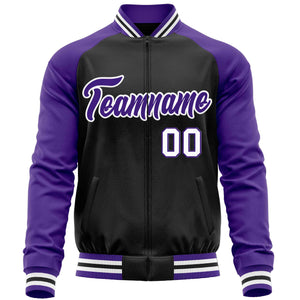 Custom Black Purple Varsity Full-Zip Raglan Sleeves Letterman Baseball Jacket