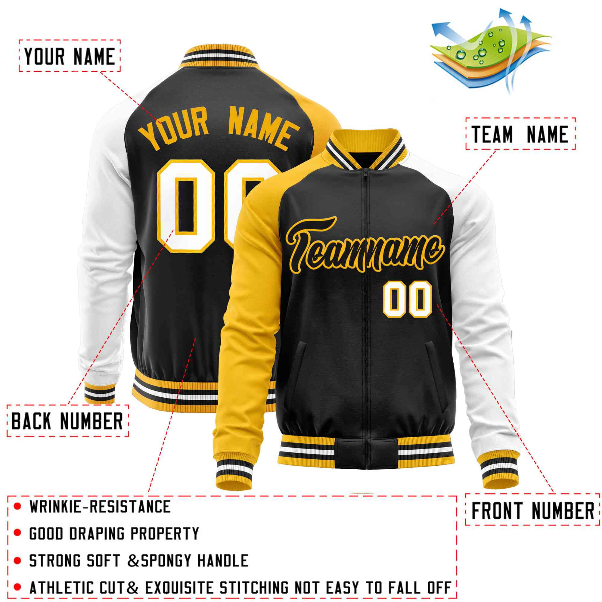 Custom Black White-Yellow Varsity Full-Zip Raglan Sleeves Letterman Baseball Jacket