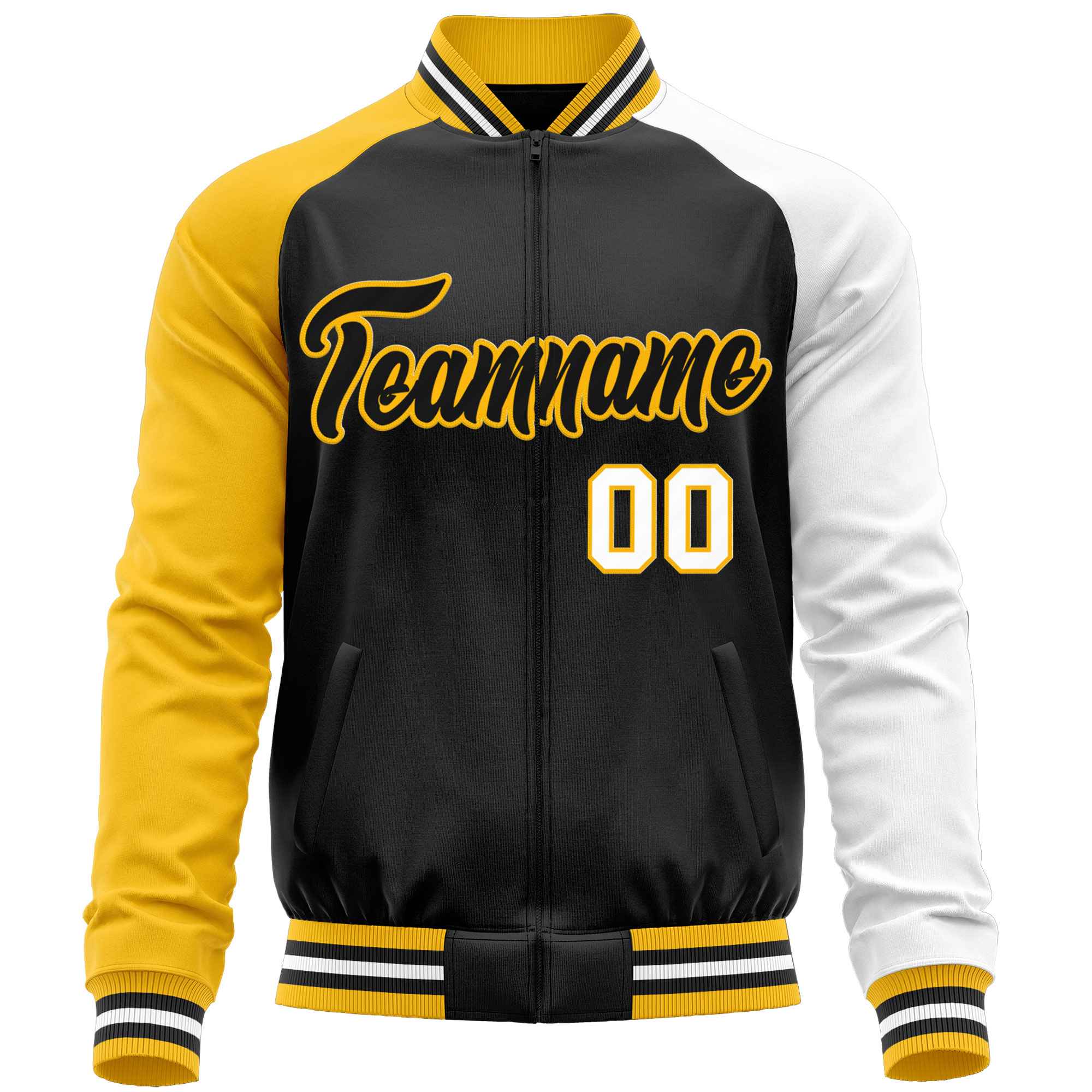 Custom Black White-Yellow Varsity Full-Zip Raglan Sleeves Letterman Baseball Jacket