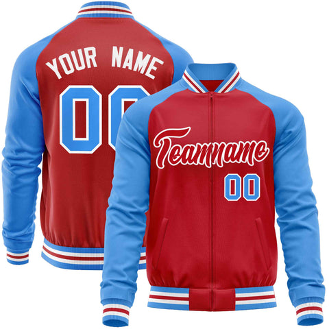 Custom Red Powder Blue Varsity Full-Zip Raglan Sleeves Letterman Baseball Jacket