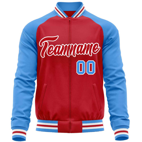 Custom Red Powder Blue Varsity Full-Zip Raglan Sleeves Letterman Baseball Jacket