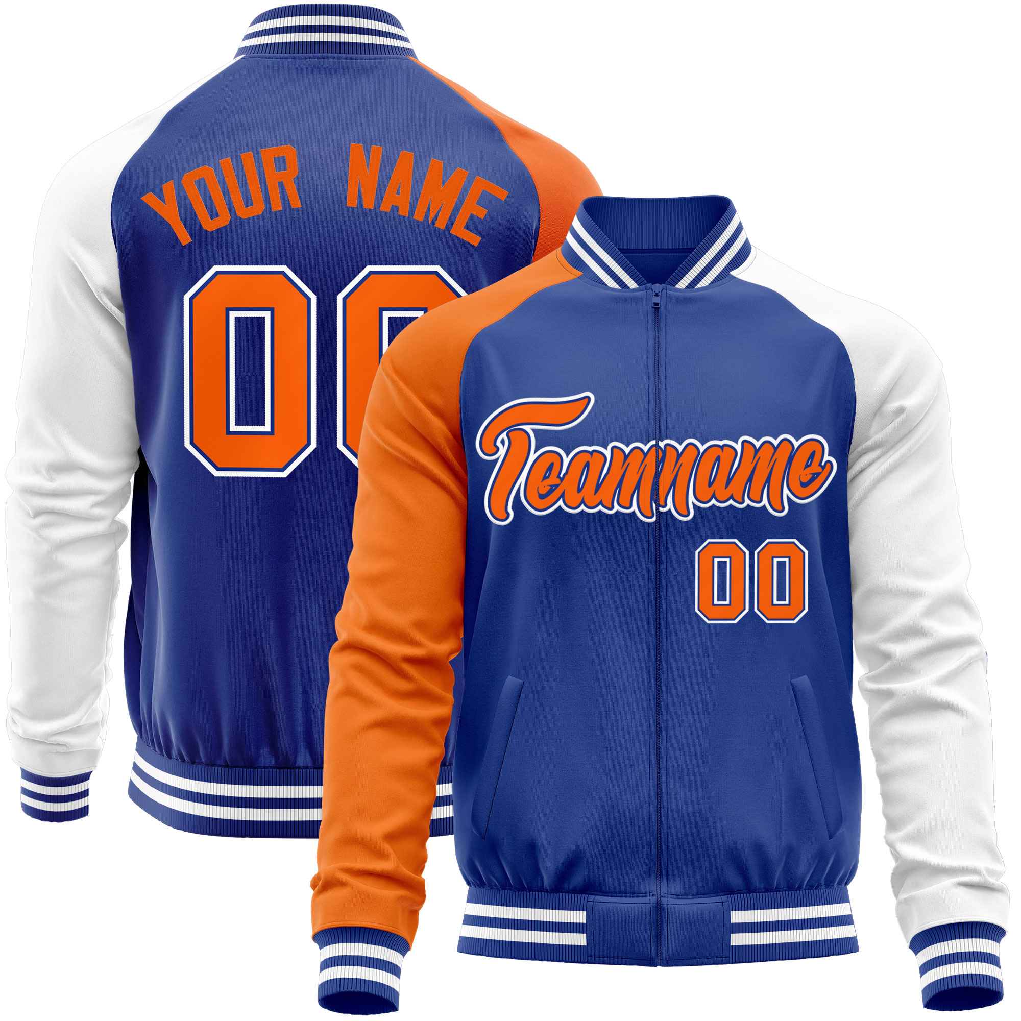 Custom Royal White-Orange Varsity Full-Zip Raglan Sleeves Letterman Baseball Jacket