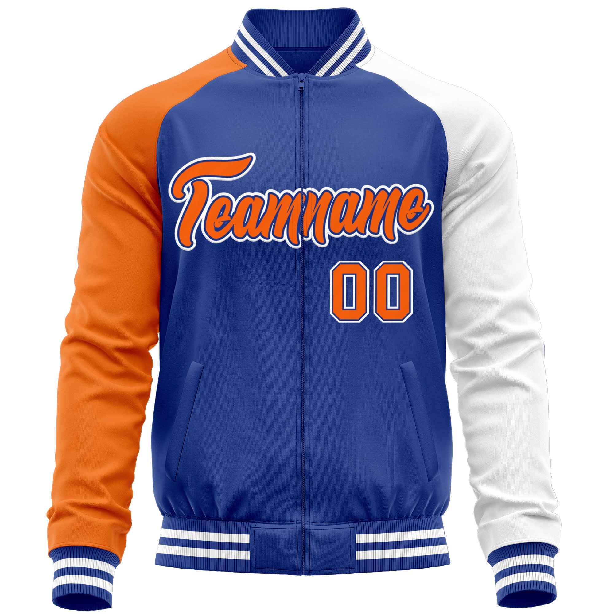 Custom Royal White-Orange Varsity Full-Zip Raglan Sleeves Letterman Baseball Jacket