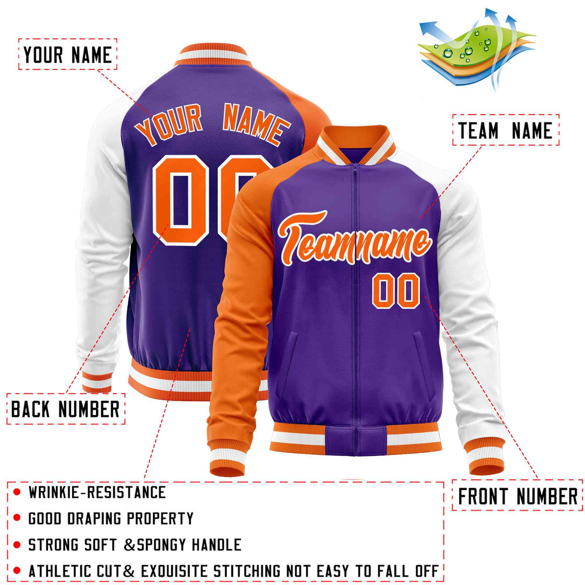 Custom Purple White-Orange Varsity Full-Zip Raglan Sleeves Letterman Baseball Jacket