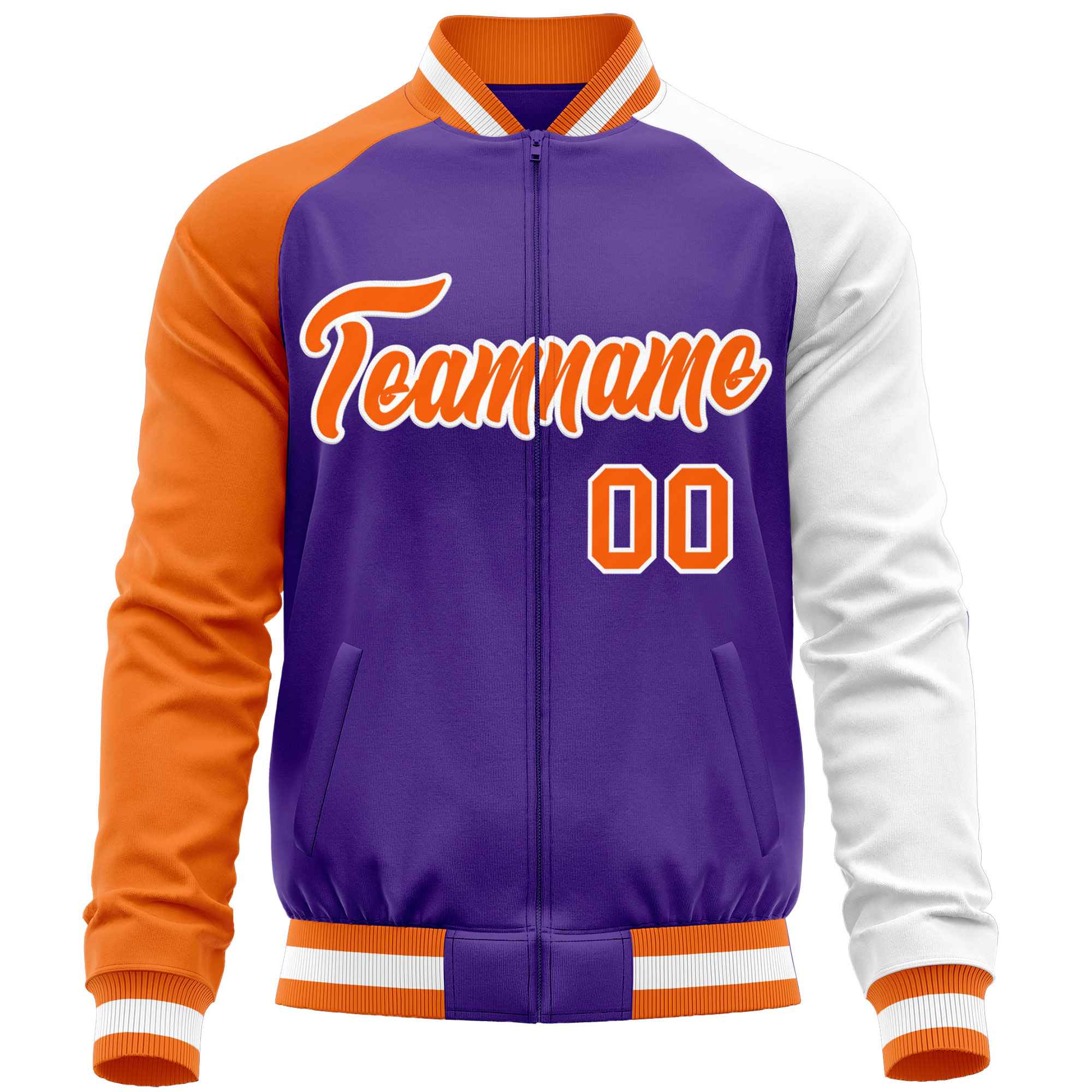 Custom Purple White-Orange Varsity Full-Zip Raglan Sleeves Letterman Baseball Jacket