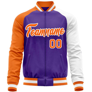 Custom Purple White-Orange Varsity Full-Zip Raglan Sleeves Letterman Baseball Jacket