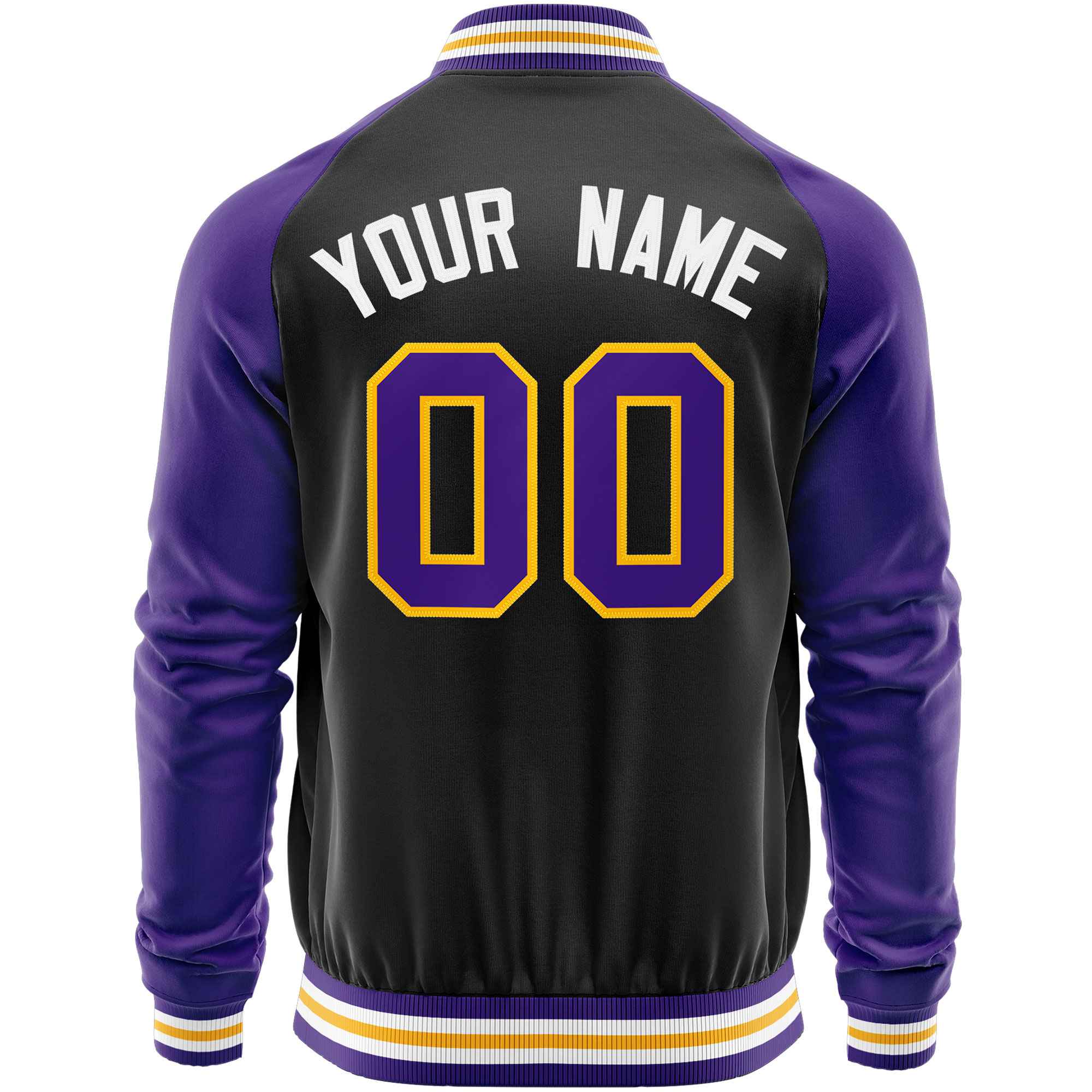 Custom Black Purple Varsity Full-Zip Raglan Sleeves Letterman Baseball Jacket