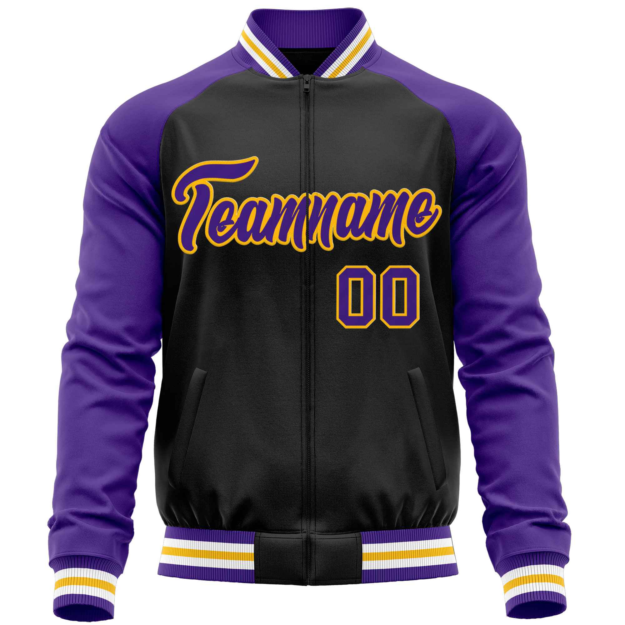 Custom Black Purple Varsity Full-Zip Raglan Sleeves Letterman Baseball Jacket