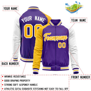 Custom Purple White-Yellow Varsity Full-Zip Raglan Sleeves Letterman Baseball Jacket