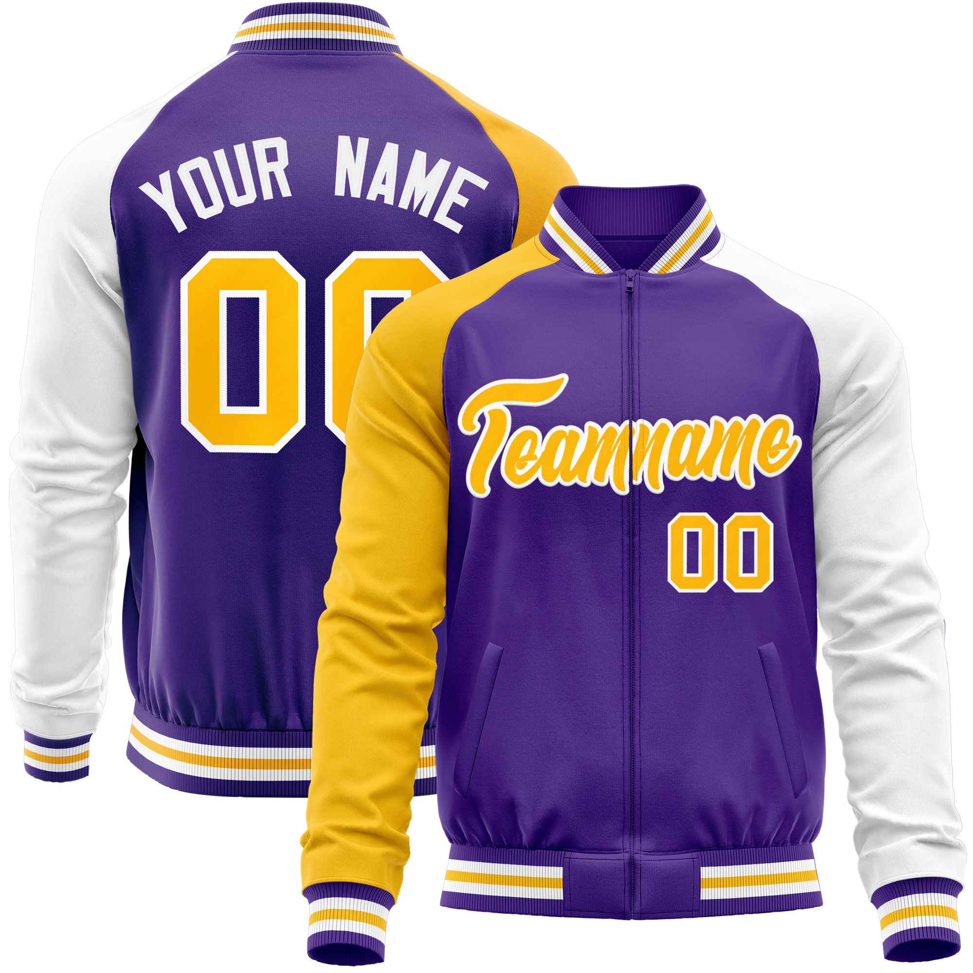 Custom Purple White-Yellow Varsity Full-Zip Raglan Sleeves Letterman Baseball Jacket