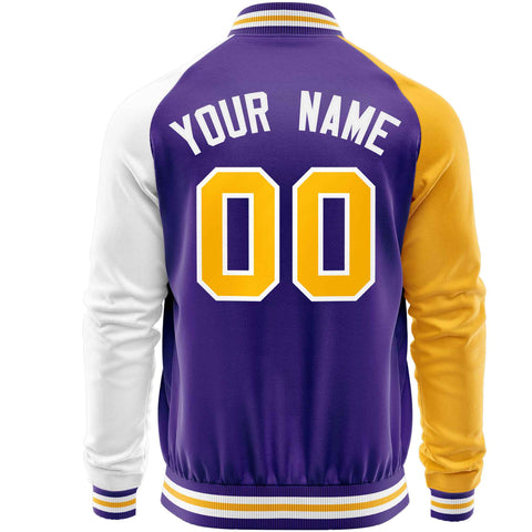 Custom Purple White-Yellow Varsity Full-Zip Raglan Sleeves Letterman Baseball Jacket