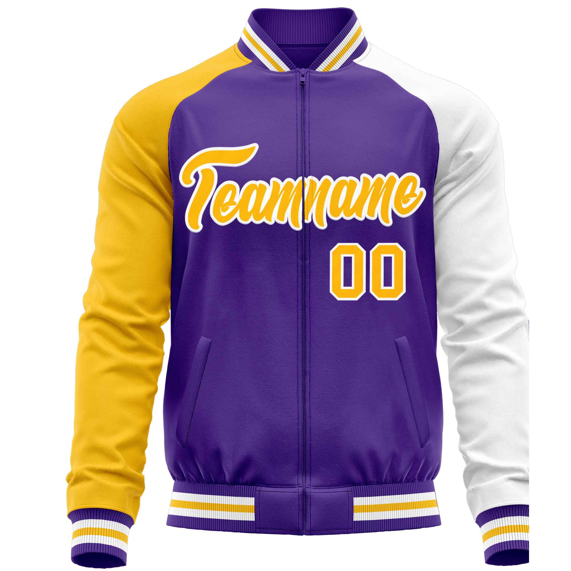 Custom Purple White-Yellow Varsity Full-Zip Raglan Sleeves Letterman Baseball Jacket