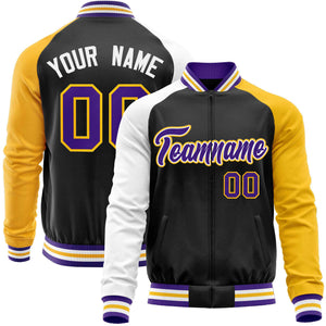 Custom Black Yellow-White Varsity Full-Zip Raglan Sleeves Letterman Baseball Jacket