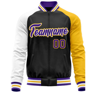 Custom Black Yellow-White Varsity Full-Zip Raglan Sleeves Letterman Baseball Jacket